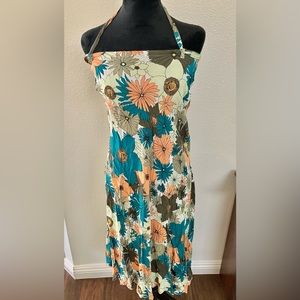 Free People Teal, Orange & Olive Floral Halter Midi Dress